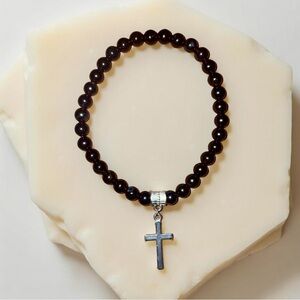 Black Beaded Bracelet with Silver Cross Charm ✝️